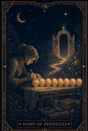 ไพ่แปดแห่งเหรียญ (Eight of Pentacles)