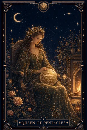 ไพ่ราชินีแห่งเหรียญ (Queen of Pentacles)